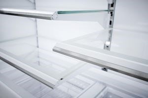 Close up view of Sub-Zero Classic Series Full Size Refrigerator's LED lit custom shelves