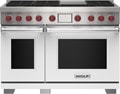 Wolf 48" 6 Burner Dual Fuel Range with Infrared Griddle (DF48650G/WH/P) featuring white accent colored door and signature red Wolf knobs.