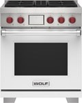 Wolf 30" 4 Burner Dual Fuel Range (DF30450/S/P) featuring white accent colored door and signature red Wolf knobs.