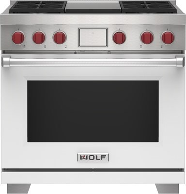 Wolf 36" 4 Burner Dual Fuel Range with Infrared Griddle (DF36450G/WH/P) featuring white accent colored door and signature red Wolf knobs.