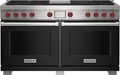 Wolf 60" 6 Burner Dual Fuel Range with Infrared Charbroiler and Griddle (DF60650CG/BK/P) featuring black accent colored door and signature red Wolf knobs.