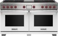 Wolf 60" 6 Burner Dual Fuel Range with Infrared Charbroiler and Griddle (DF60650CG/WH/P) featuring white accent colored door and signature red Wolf knobs.