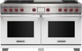 Wolf 60" 6 Burner Dual Fuel Range with Infrared Dual Griddle (DF60650DG/WH/P) featuring white accent colored door and signature red Wolf knobs.
