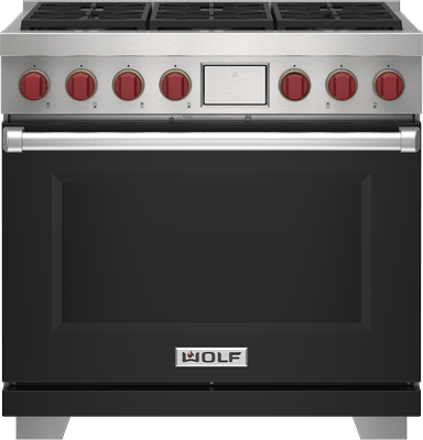 Wolf 36" 6 Burner Dual Fuel Range (DF36650/BK/P) featuring black accent colored door and signature red Wolf knobs.