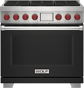 Wolf 36" 6 Burner Dual Fuel Range (DF36650/BK/P) featuring black accent colored door and signature red Wolf knobs.