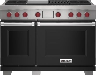 Wolf 48" 4 Burner Dual Fuel Range with Infrared Charbroiler and Griddle (DF48450CG/BK/P) featuring black accent colored door and signature red Wolf knobs.
