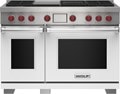 Wolf 48" 4 Burner Dual Fuel Range with Infrared Charbroiler and Griddle (DF48450CG/WH/P) featuring white accent colored door and signature red Wolf knobs.