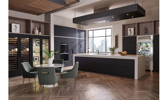 Sophisticated and fashionable custom kitchen design showcasing Sub-Zero see-thru-door refrigerator and Wolf Contemporary Stainless Steel Convection Steam Oven