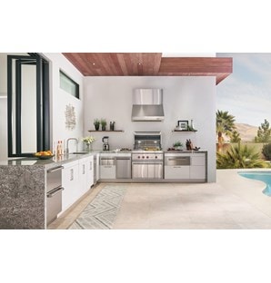 Custom Outdoor Kitchen Design featuring Sub-Zero Outdoor Refrigerator Drawer, Wolf 4 Burner Outdoor Gas Grill and Cove Outdoor Dishwasher