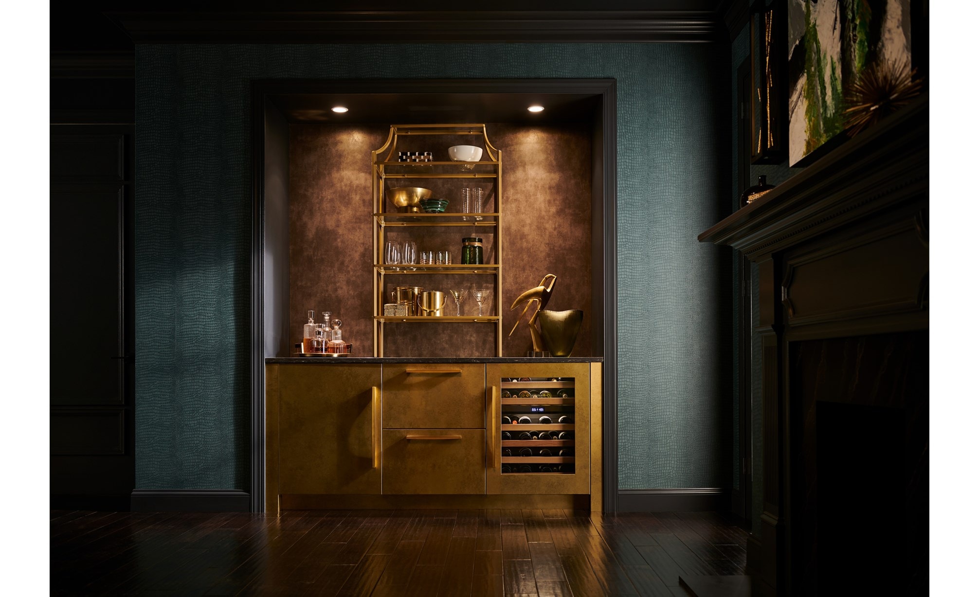 Sub-Zero Designer Series Undercounter Wine Storage Refrigerator featured in a beautiful, bronze colored space.