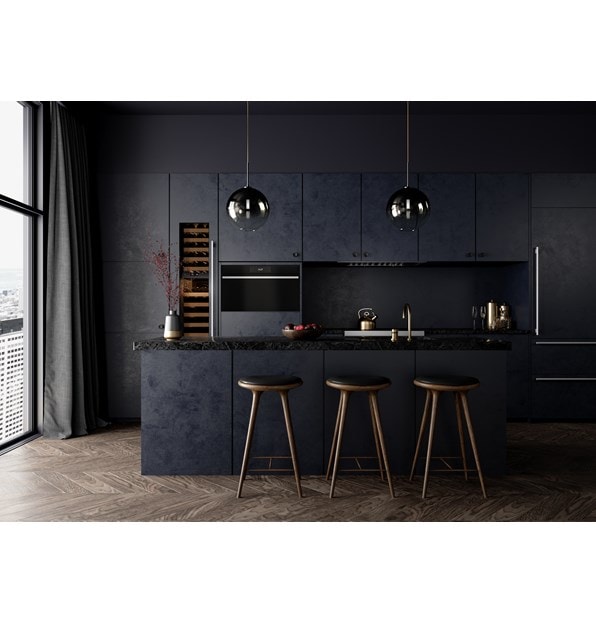 Features Wolf 30 Inch M Series Contemporary Convection Steam Oven and induction range set in a bold kitchen design