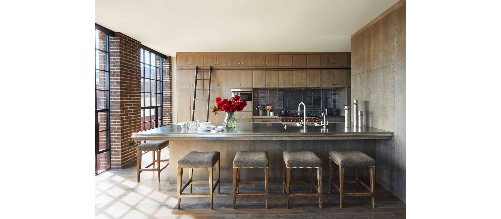 Sub-Zero, Wolf, and Cove KDC Finalist North End Kitchen featuring IC-30R 30" All Refrigerator Column, ID-30C 30" Refrigerator/Freezer Drawers, UW-24 24" Undercounter, MDD24TE/S/TH 24" E Series Transitional Drop-Down Door Oven, CSO24TE/S/TH 24" E Series Transitional and GR486C 48" Range - 6 Burners and Infrared Charbroiler