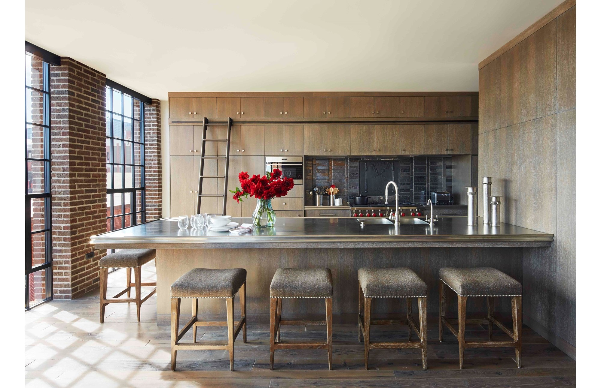 Sub-Zero, Wolf, and Cove KDC Finalist North End Kitchen featuring IC-30R 30" All Refrigerator Column, ID-30C 30" Refrigerator/Freezer Drawers, UW-24 24" Undercounter, MDD24TE/S/TH 24" E Series Transitional Drop-Down Door Oven, CSO24TE/S/TH 24" E Series Transitional and GR486C 48" Range - 6 Burners and Infrared Charbroiler