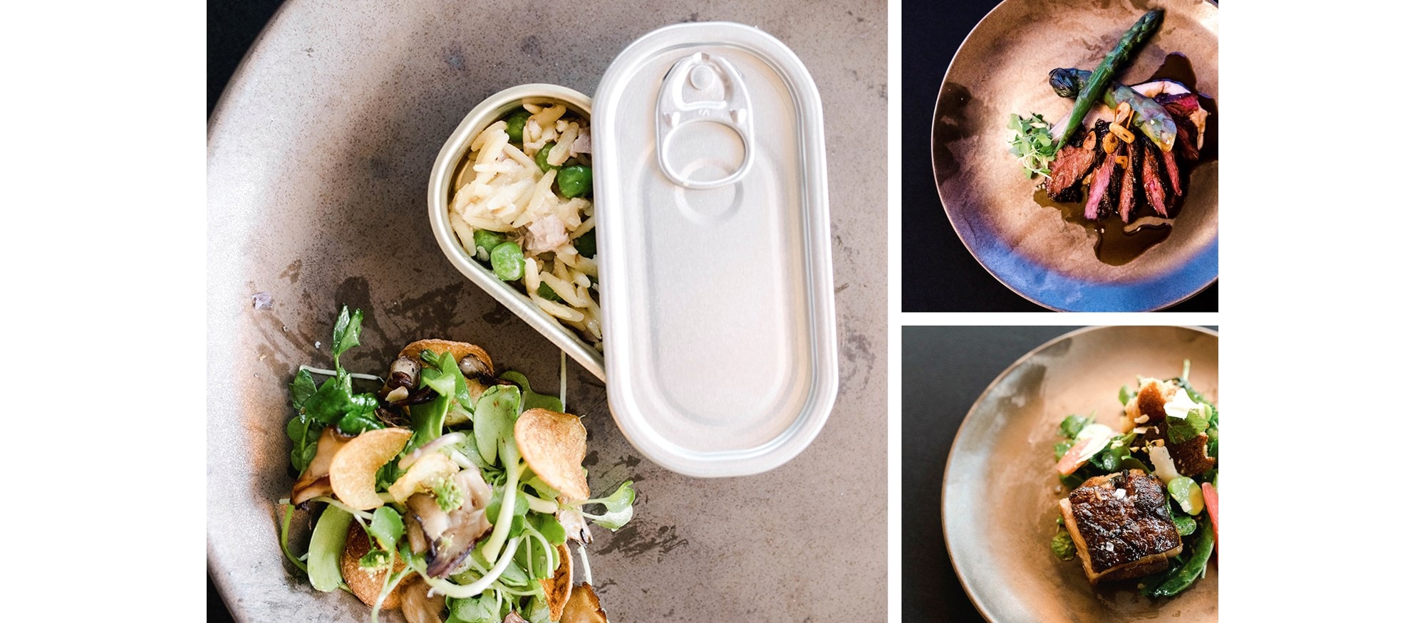 Some of the dishes that delighted Paranjape's guests included (clockwise from left:) Tuna Confit, Hangar Steak with Black Asparagus, and Bread Salad with Sherry Glazed Pork Belly.