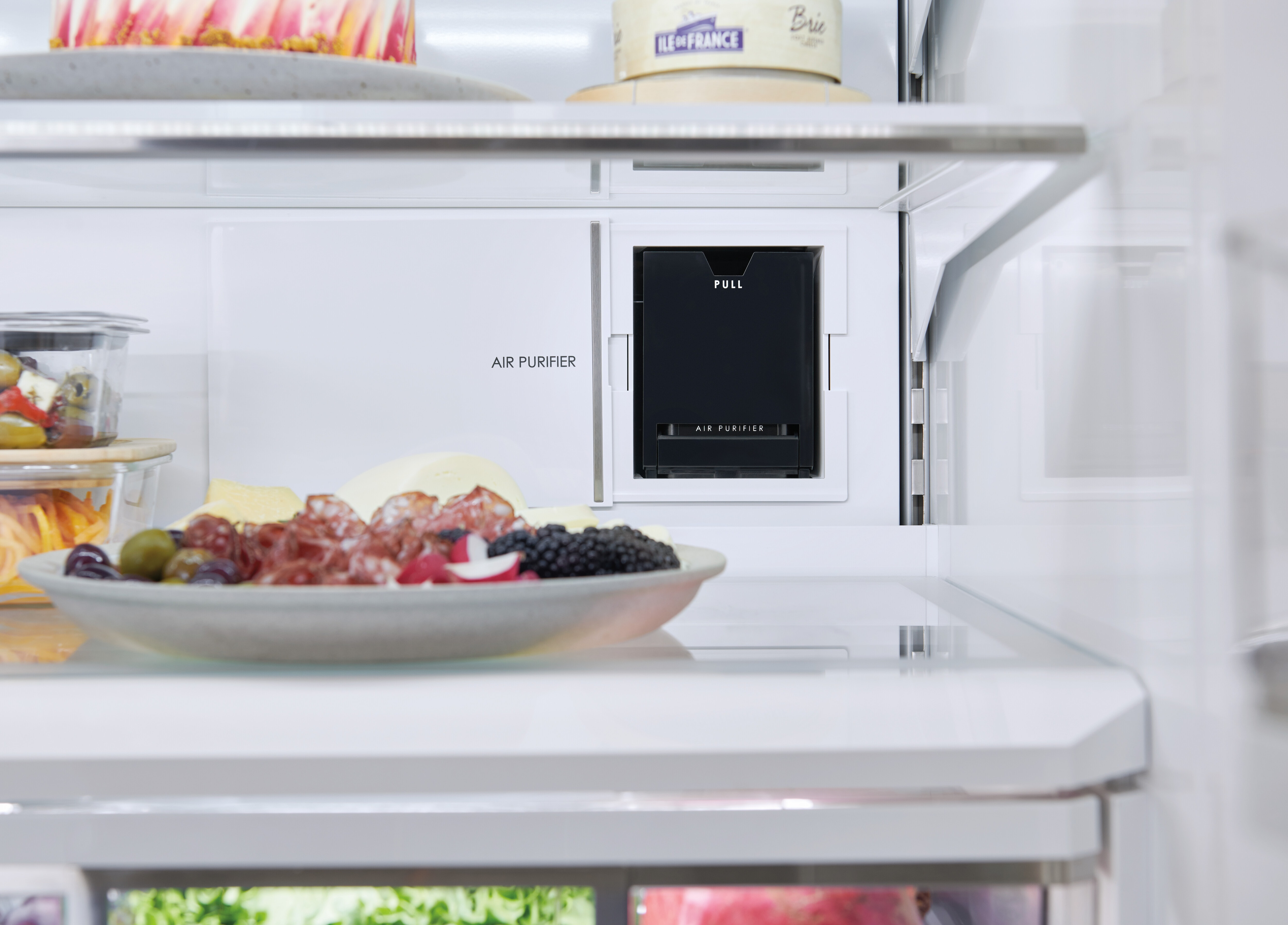 The location of the Sub-Zero Classic Series air purification cartridge displayed in the back of the refrigerator shelving