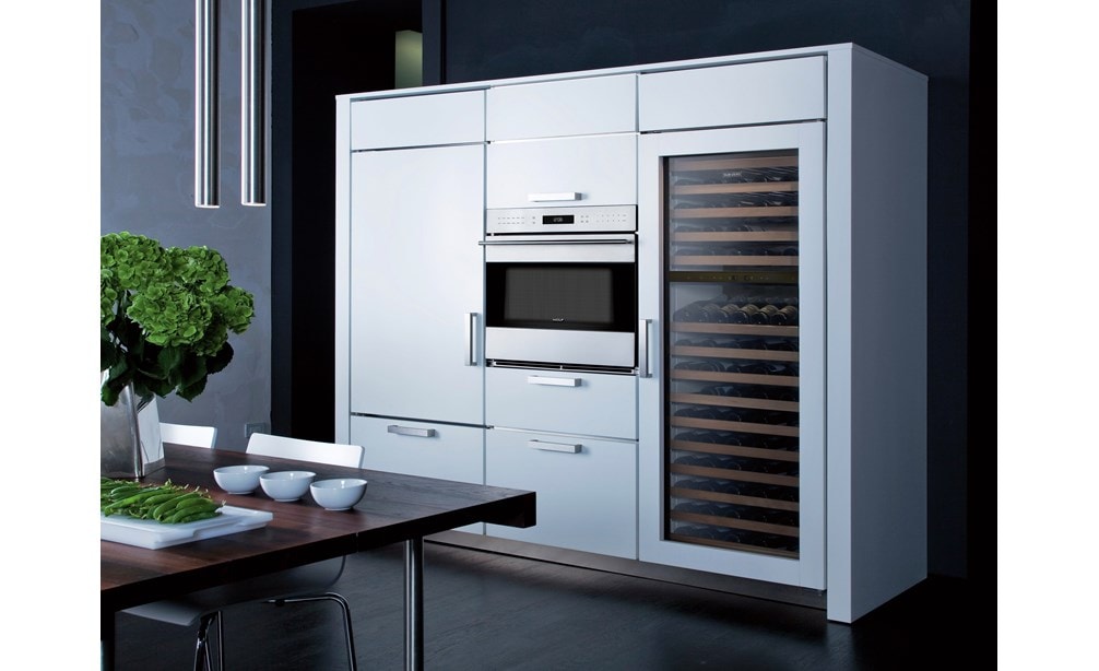 The Wolf 30" Warming Drawer (WWD30) paired with Sub-Zero 30" International Classic Column Wine Storage - Panel Ready (ICBBW-30/O)