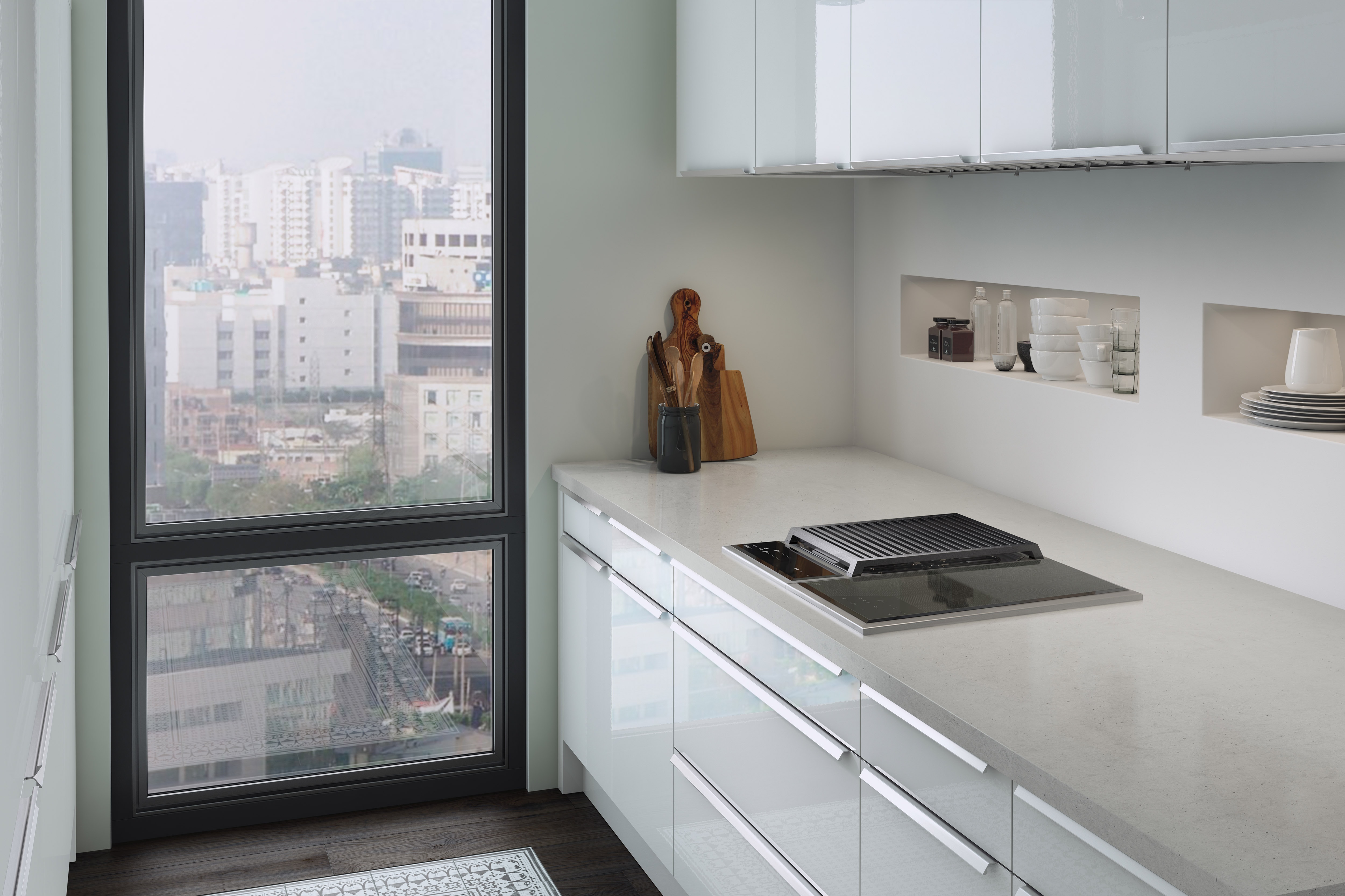 The Wolf 15" Transitional Induction Cooktop (CI152TF/S) displayed in a clean bright minimalist kitchen design space