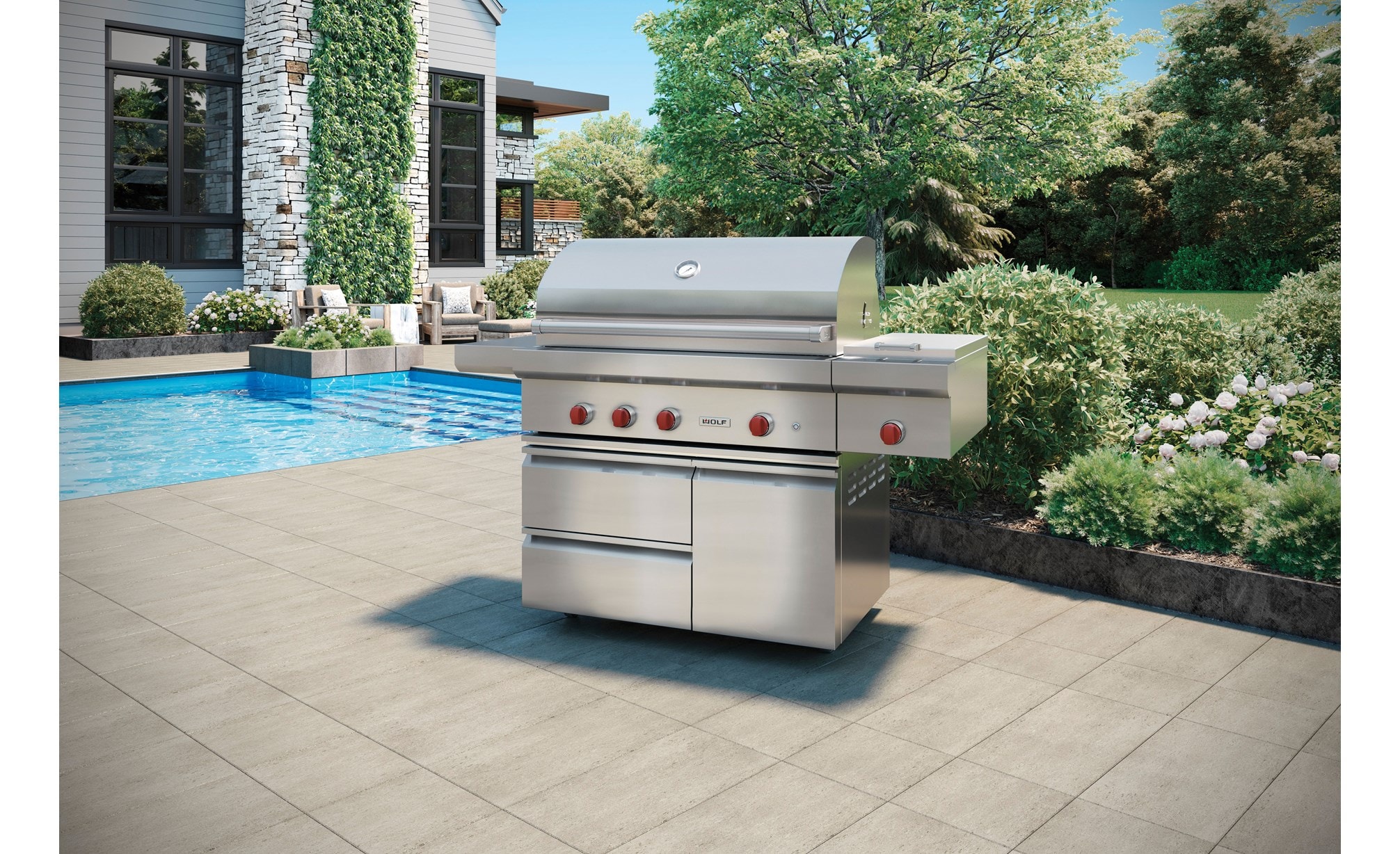 The Wolf 42" Outdoor Gas Grill (OG42) features sculpted double-wall stainless steel for seamless strength and polish to any outdoor space.