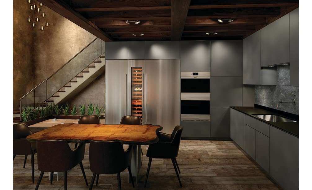 The Wolf 30" M Series Contemporary Stainless Steel Double Oven (DO30CM/S) shown in a classic ultra modern European design kitchen style.