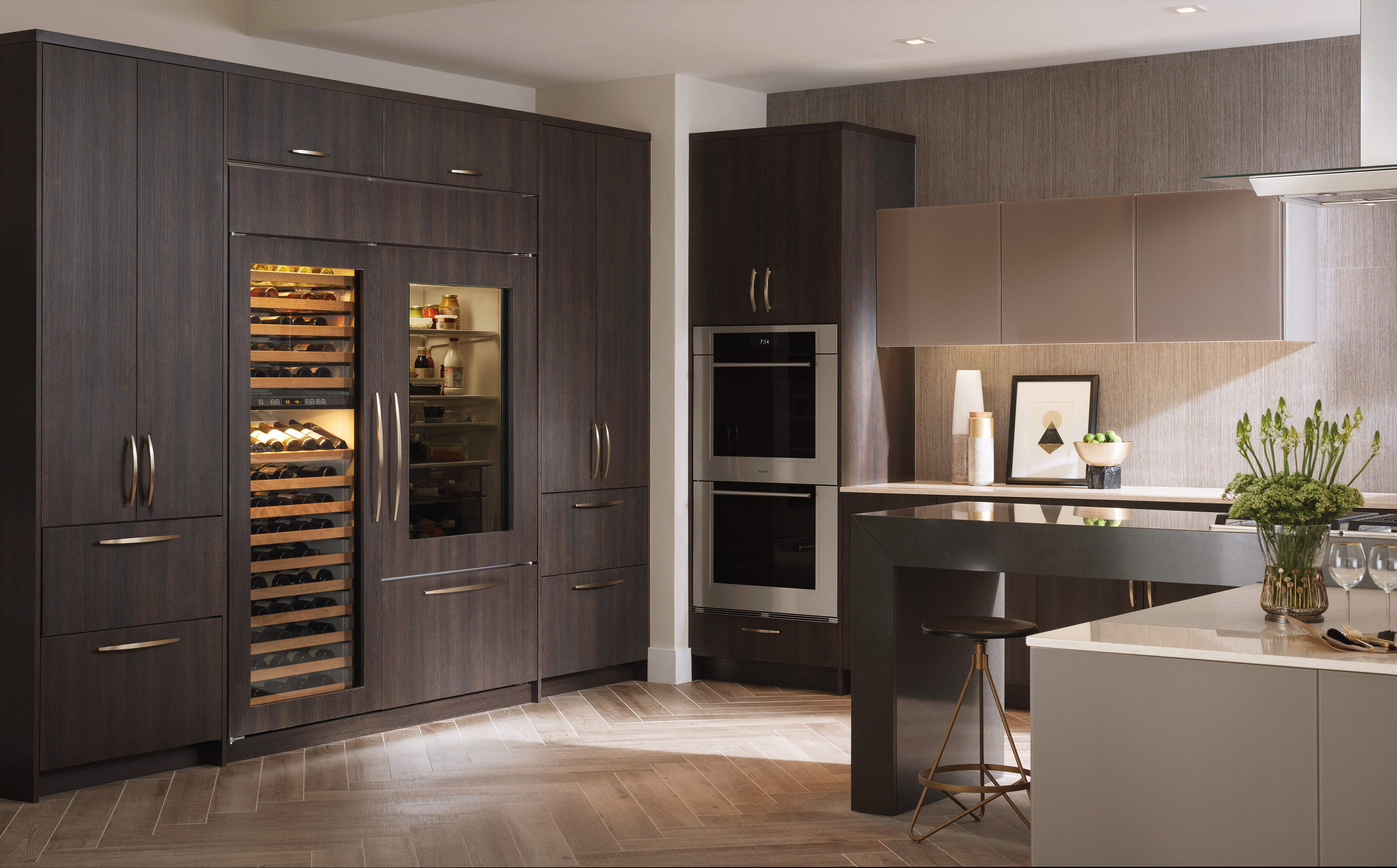 Wolf 30" M Series Contemporary Black Glass Double Oven (DO30CM/B) with Sub-Zero 36" Classic Over Under Glass Door Refrigerator (BI-36UG/O)