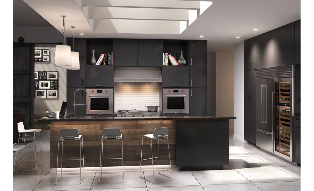 Wolf 30" M Series Professional Single Ovens (SO30PM/S/PH) shown on each side of a Wolf 48" Pro Wall Hood - 24" Depth (PW482418)