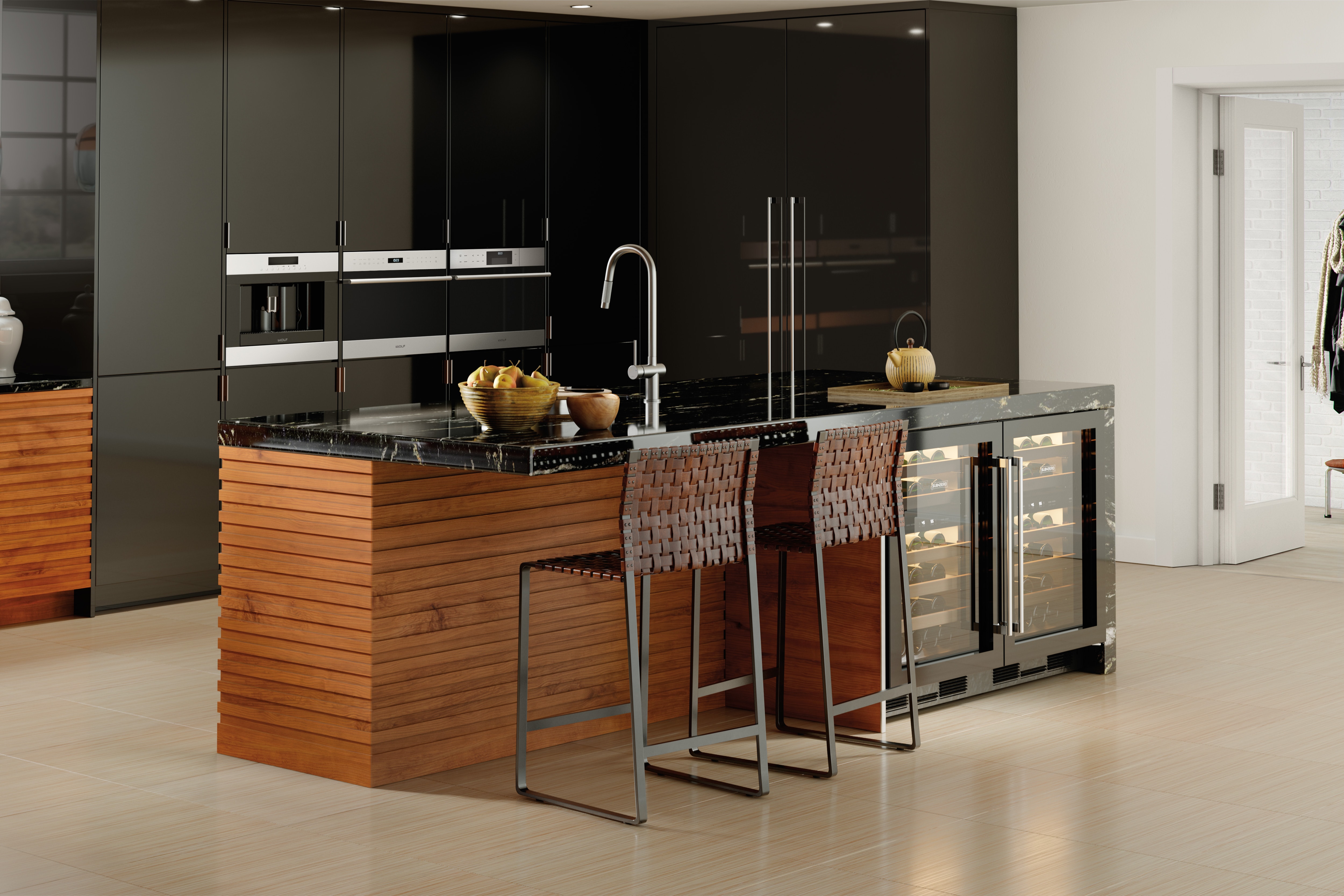 Wolf 24" E Series Transitional Convection Steam Oven (CSO24TE/S/TH) on display in modern state of the art kitchen with Wolf appliances