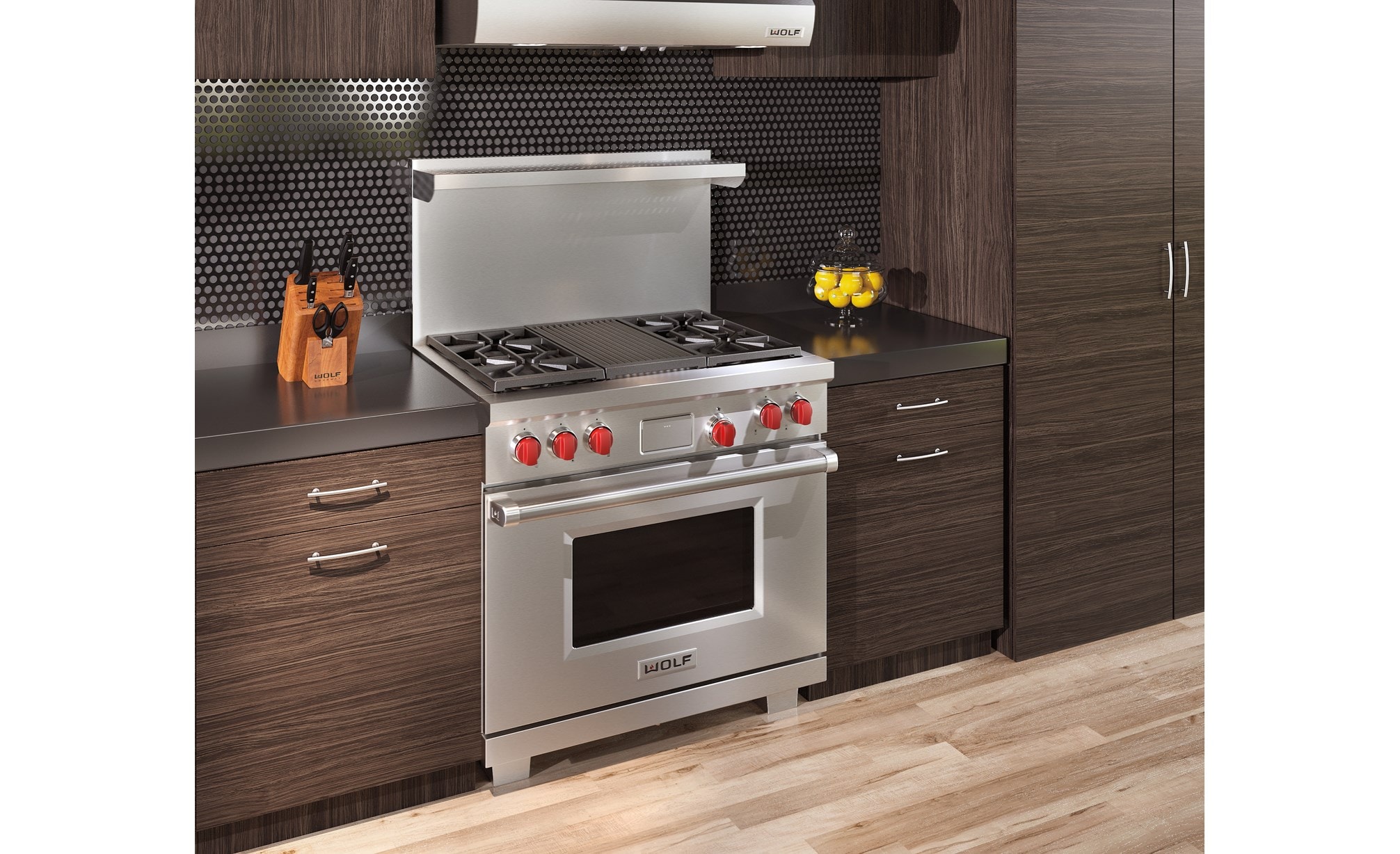 The Wolf 36" Dual Fuel Range 4 Burner Infrared Charbroiler (DF364C) shown delivering state of the art cooking technology in a natural kitchen design.