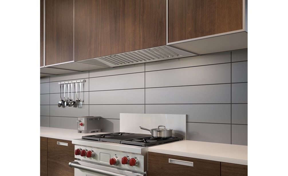 The Wolf 36" Dual Fuel Range 4 Burner Infrared Charbroiler (DF364C) with Wolf 46" Pro Hood Liner - 22" Depth (PL462212)