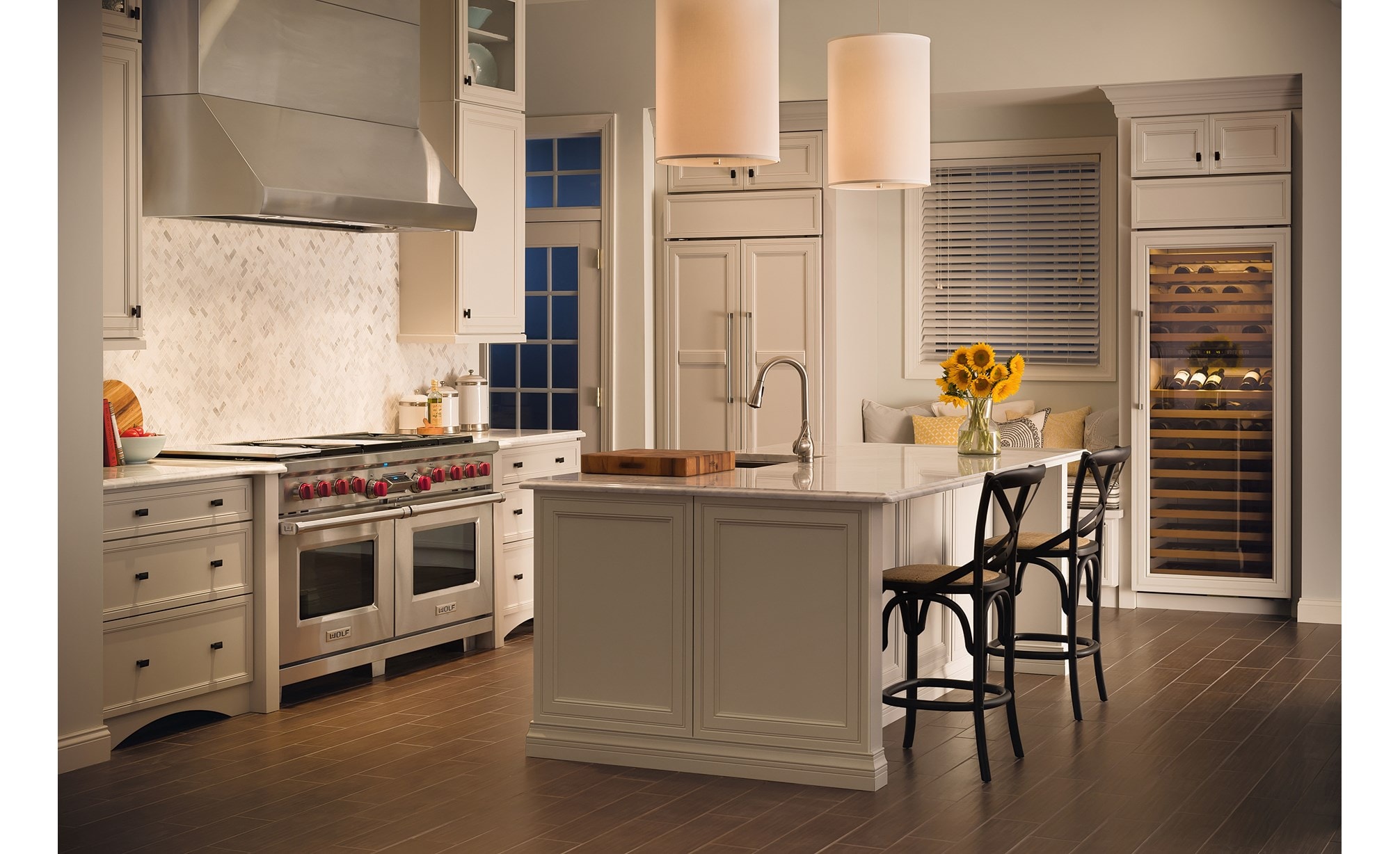 The Wolf 60" Dual Fuel Range 6 Burner Infrared Charbroiler Griddle (DF606CG) shown with Wolf 60" Pro Wall Hood - 24" Depth (PW602418)