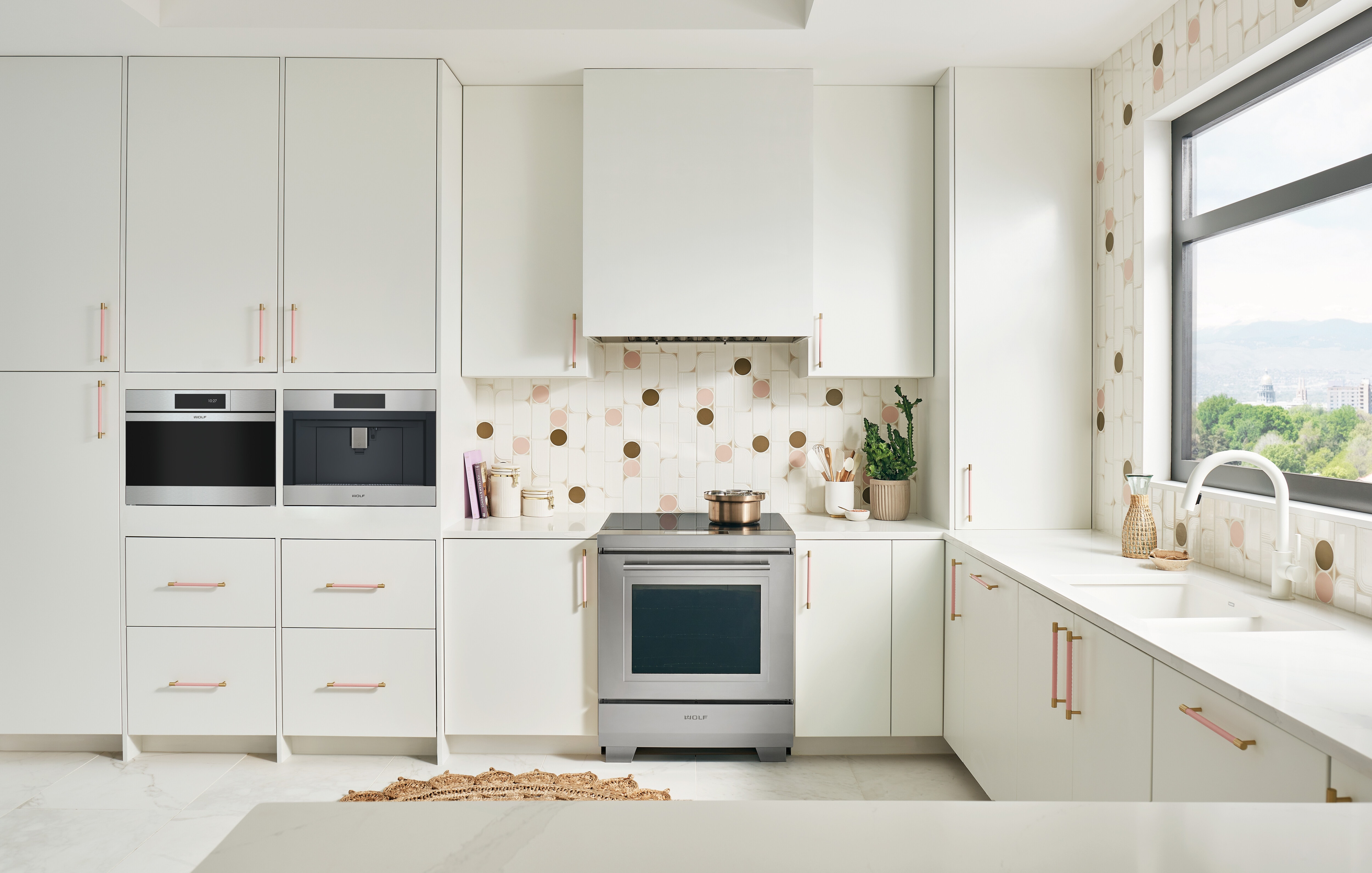 60 cm M Series Contemporary Stainless Steel Handleless Convection Steam Oven, Sub-Zero refrigerator drawers, induction range, Pro ventilation liner 