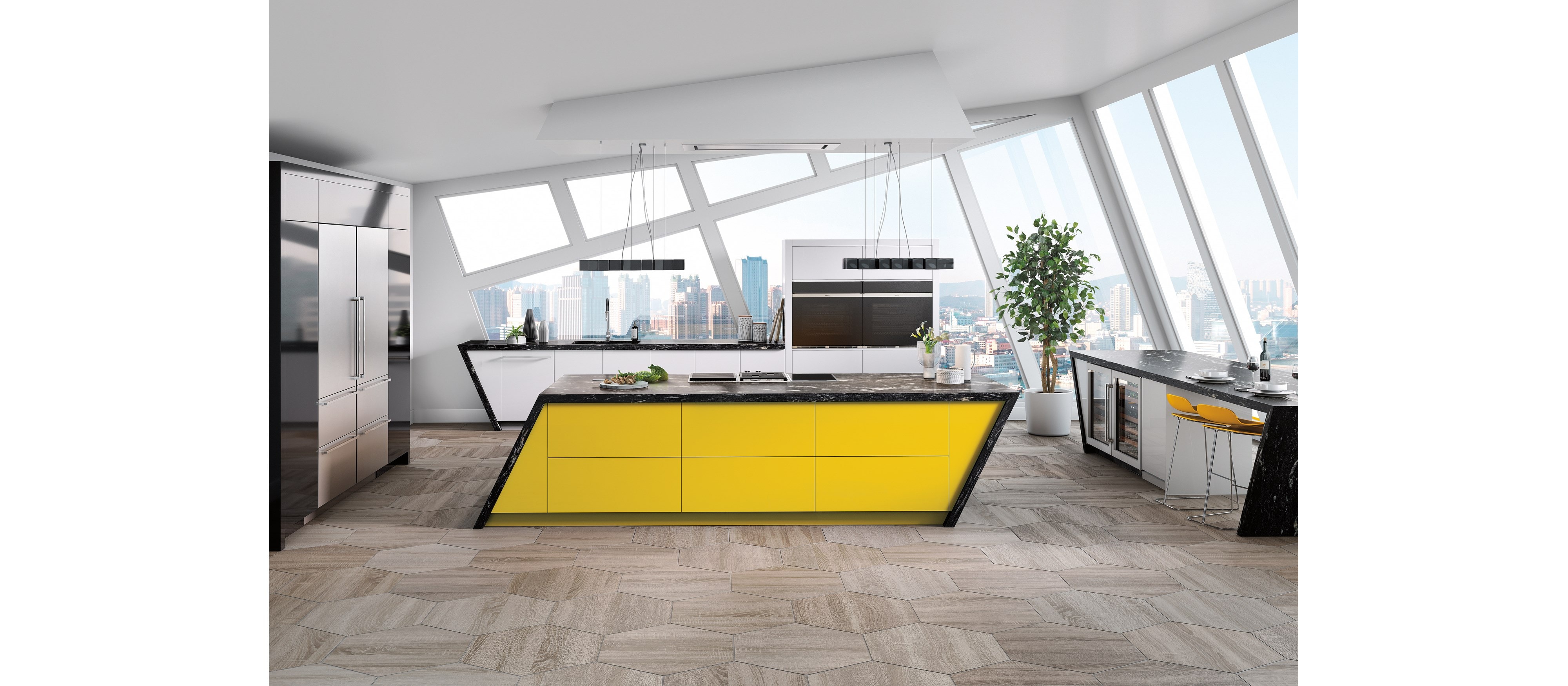 The 48" Ceiling Mounted Hood - Stainless Steel (VC48S) featured in an art deco open kitchen space provides limitless design possibilities