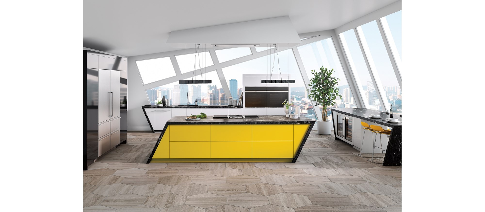 The 48" Ceiling Mounted Hood - Stainless Steel (VC48S) featured in an art deco open kitchen space provides limitless design possibilities