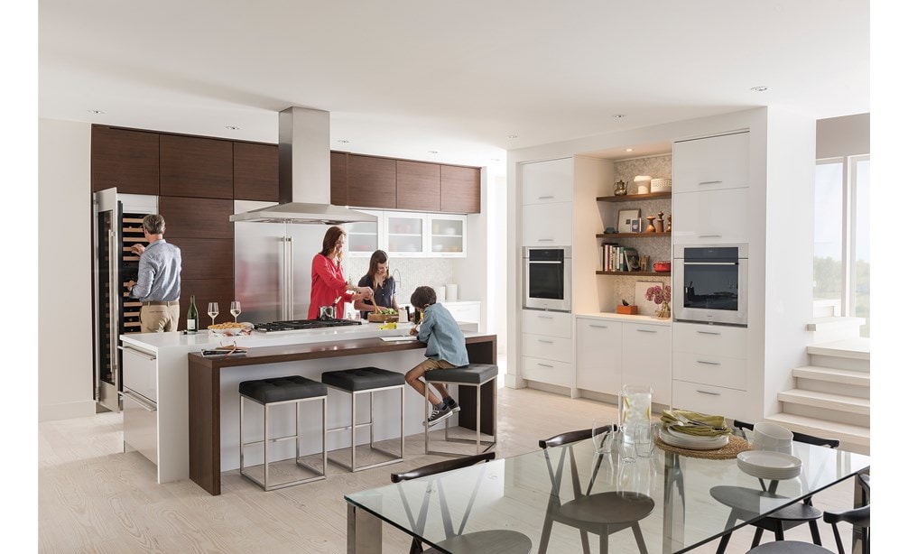 Wolf 42" Cooktop Island Hood Stainless (VI42S) shown in large open kitchen space providing beautiful, powerful and safe kitchen ventilation