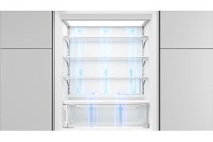 Sub-Zero Classic Series Full Size Refrigerator with arrows displaying the flow of its Split Climate temperature control between its top and bottom compartments