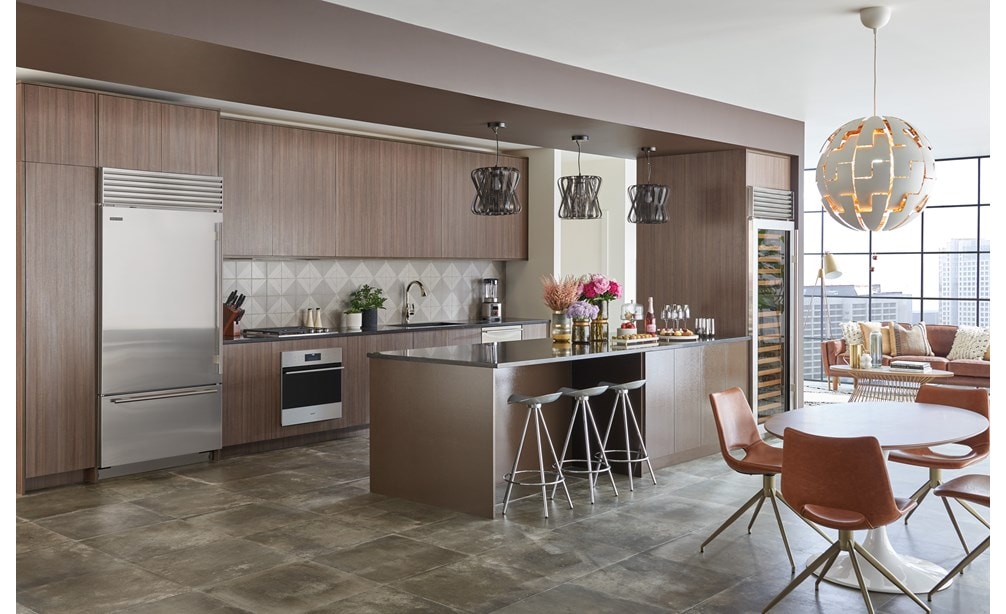 Sub-Zero 36" Classic Over Under Refrigerator Freezer with Internal Dispenser (BI-36UID/S) shown with 30" Classic Column Wine Storage (BW-30/O)