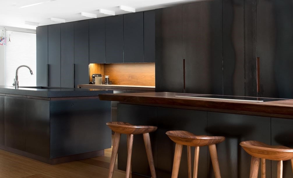 Stunning “Blue Steel” kitchen designed by Eduardo Carrera. Includes Sub-Zero ICBIC-24FI, ICBIC-24R, ICBID-30C fridge models. 