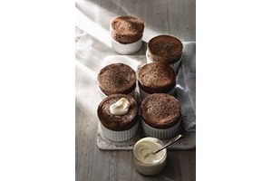 Decadent chocolate souffle recipe with caramel sauce.