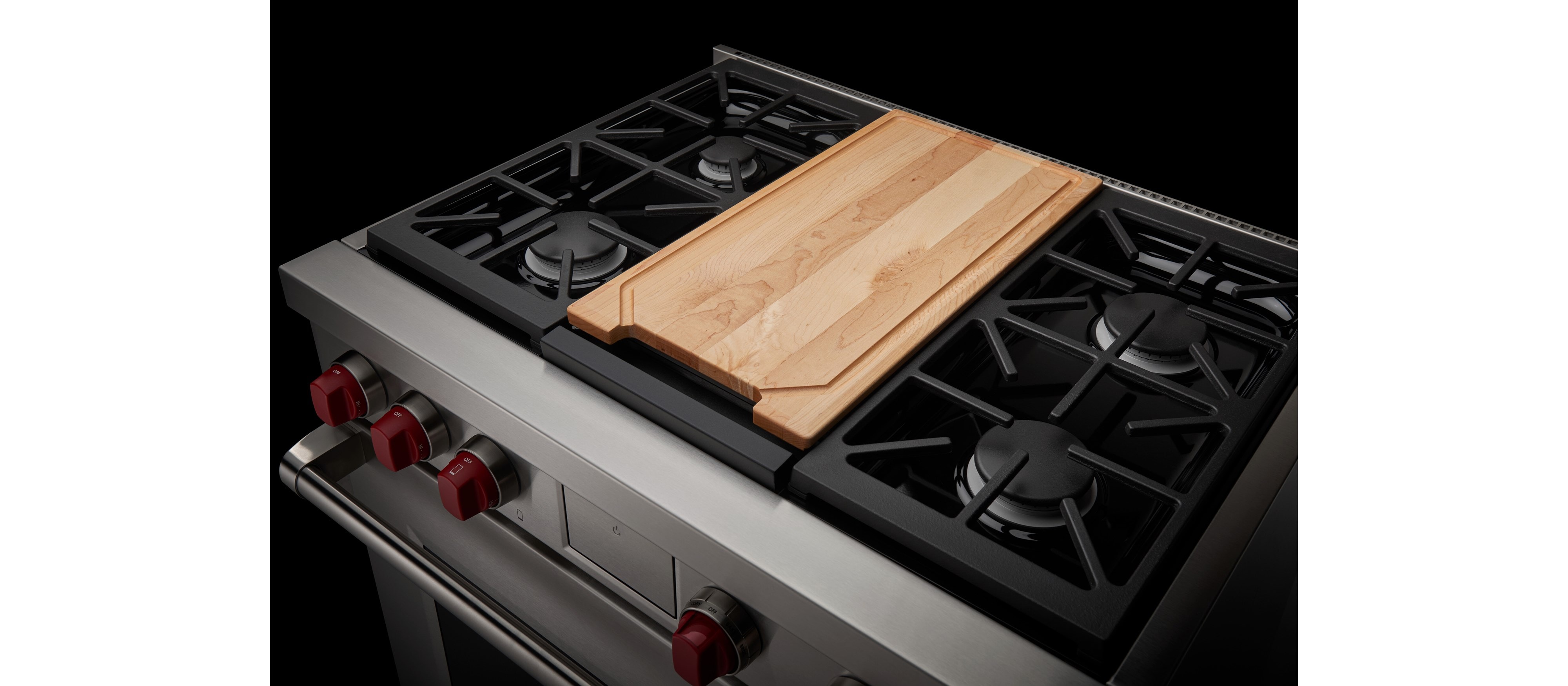 Wolf 36" Dual Fuel Range (DF36450G) shown with custom cutting board.