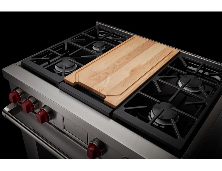 Wolf 36" Dual Fuel Range (DF36450G) shown with custom cutting board.