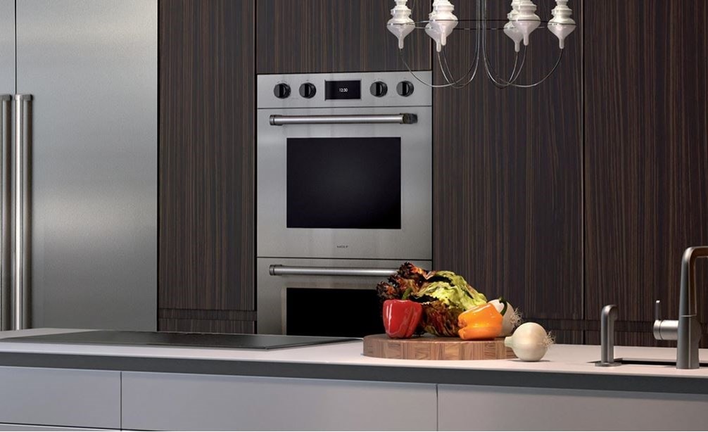 The Wolf 30&quot; M Series Professional Double Oven (DO30PM/S/PH) shown integrated into a rustic minimalist kitchen design style