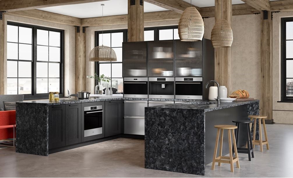 Wolf 24&quot; E Series Transitional Convection Steam Oven (CSO2450TE/S/T) surrounded by black cabinetry in a unique wooden kitchen