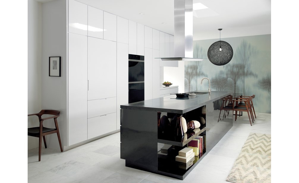 The Wolf 45" Cooktop Island Hood (VI45G) shown in contemporary kitchen featuring smooth and seamless white cabinetry