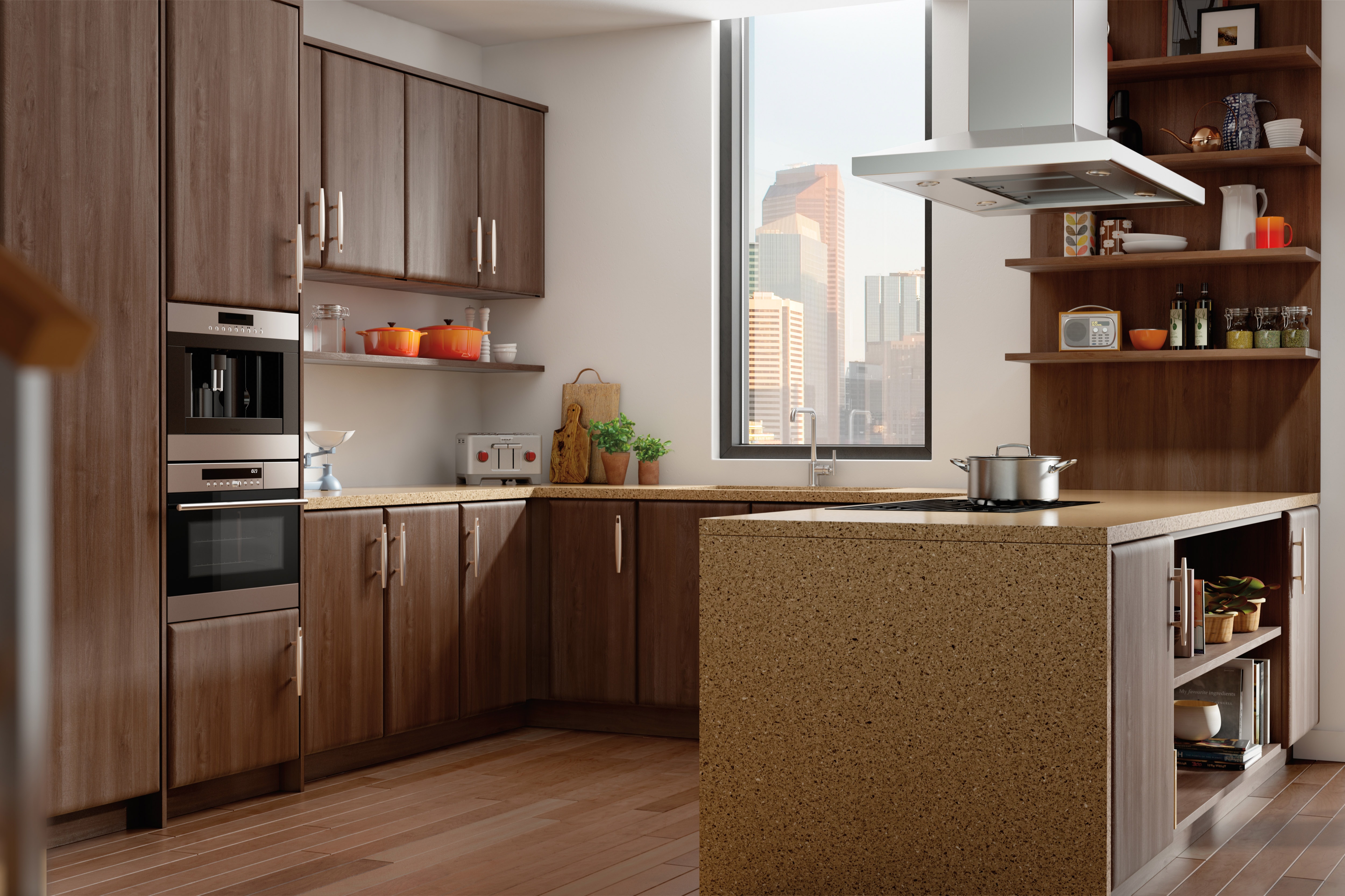 The Wolf 42" Cooktop Island Hood - Stainless (VI42S) featured in an open kitchen featuring display shelving and warm kitchen cabinets