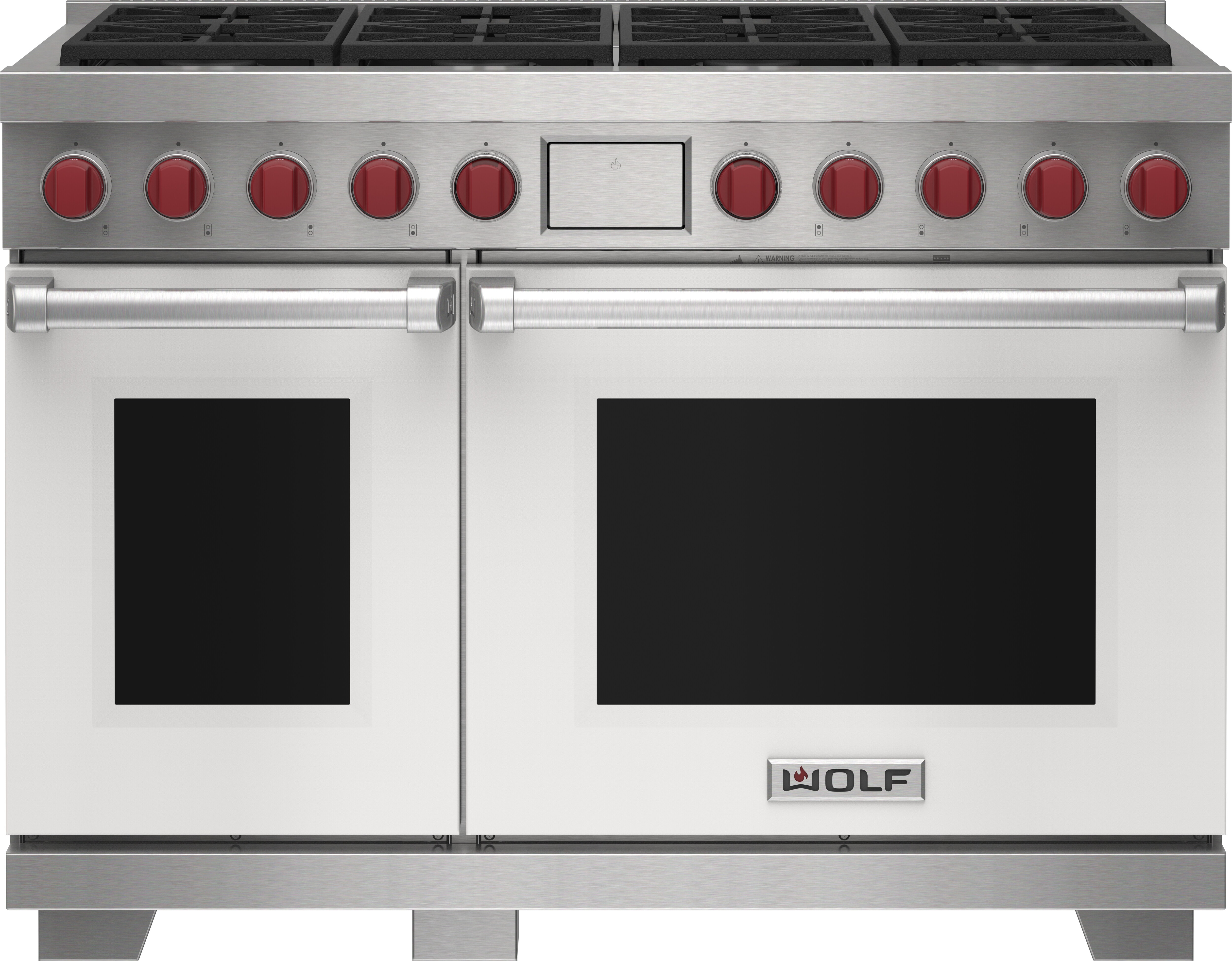 Wolf 48&quot; 8 Burner Dual Fuel Range (DF48850/WH/P) featuring white accent colored door and signature red Wolf knobs.