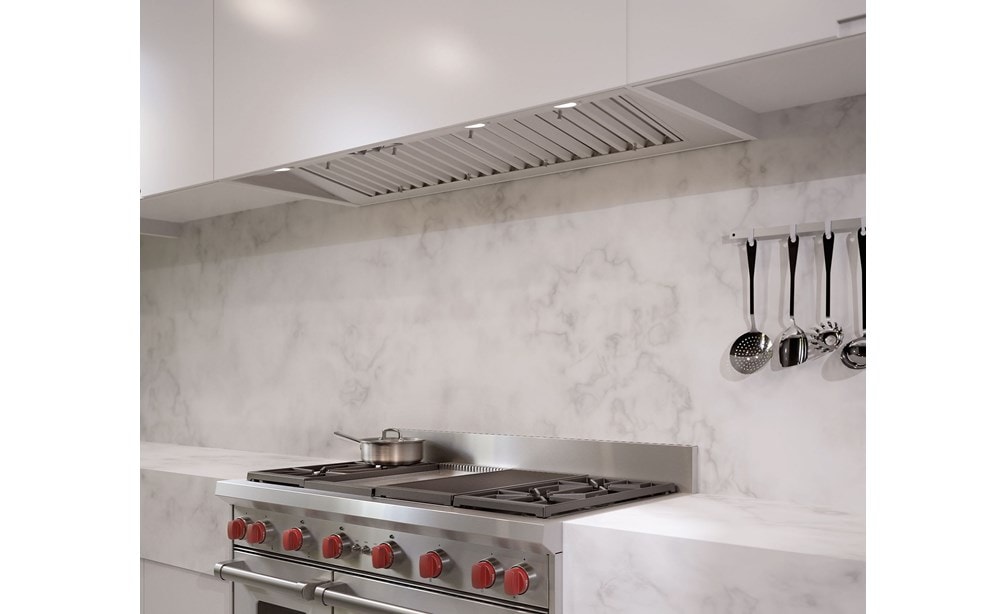 Wolf 48" Dual Fuel Range 4 Burner Infrared Charbroiler Griddle (DF484CG) with Wolf 58" Pro Hood Liner - 22" Depth (PL582212)