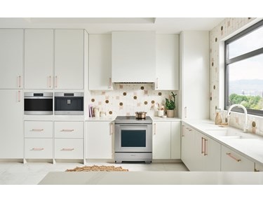 60 cm M Series Contemporary Stainless Steel Handleless Convection Steam Oven, Sub-Zero refrigerator drawers, induction range, Pro ventilation liner 