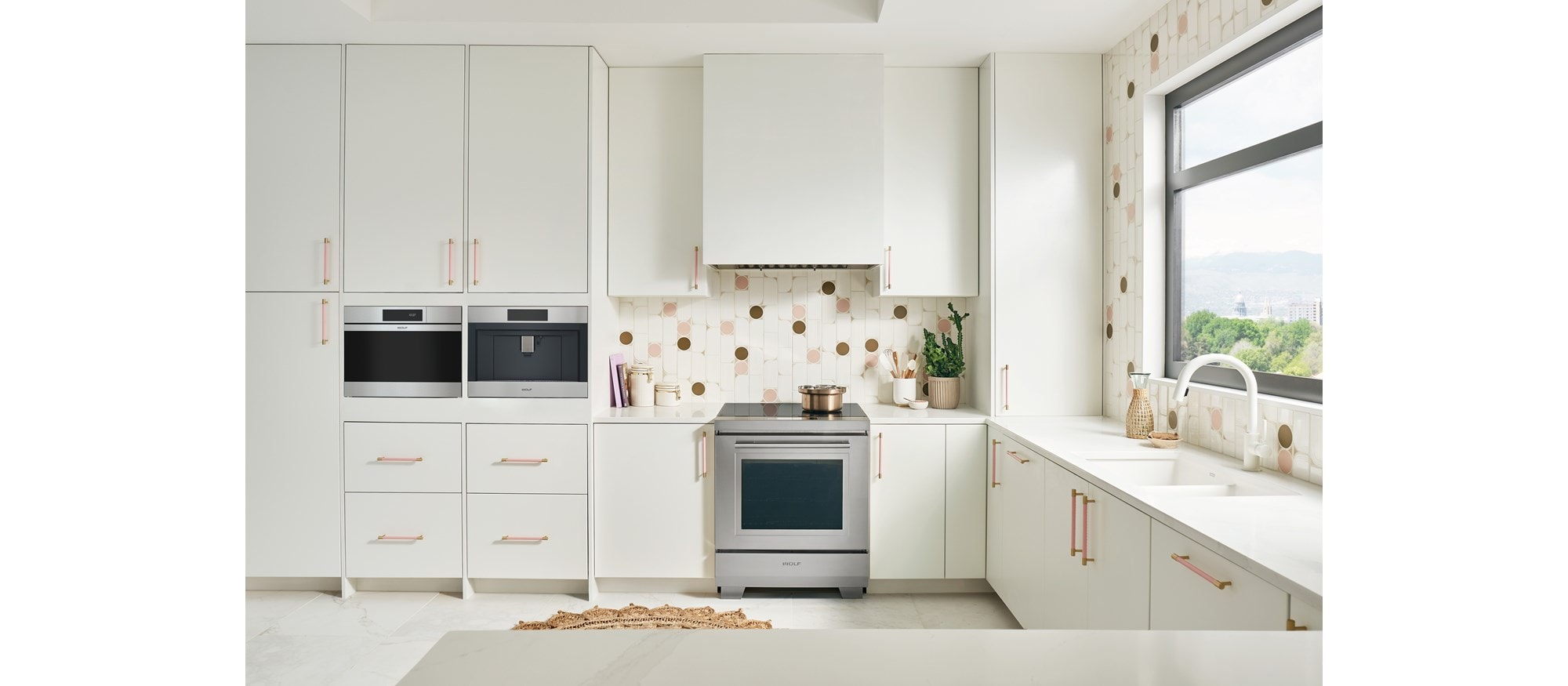 60 cm M Series Contemporary Stainless Steel Handleless Convection Steam Oven, Sub-Zero refrigerator drawers, induction range, Pro ventilation liner 