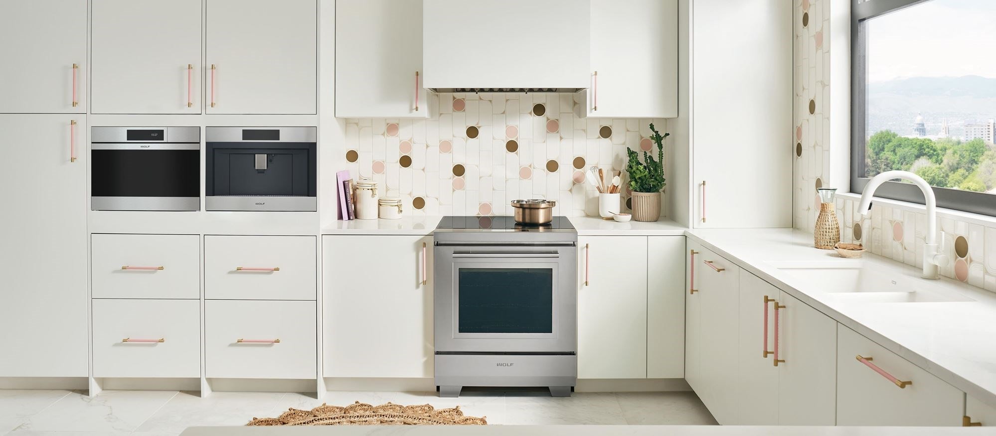 60 cm M Series Contemporary Stainless Steel Handleless Convection Steam Oven, Sub-Zero refrigerator drawers, induction range, Pro ventilation liner